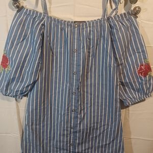 Limited Too Blue Striped Off-Shoulder Top with Floral Embroidery Size 8/10 (C)